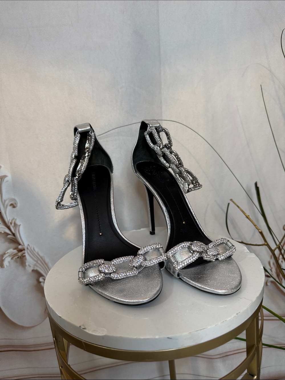 Crystal Chain-Link Stiletto Sandals in Silver - Women's Heels